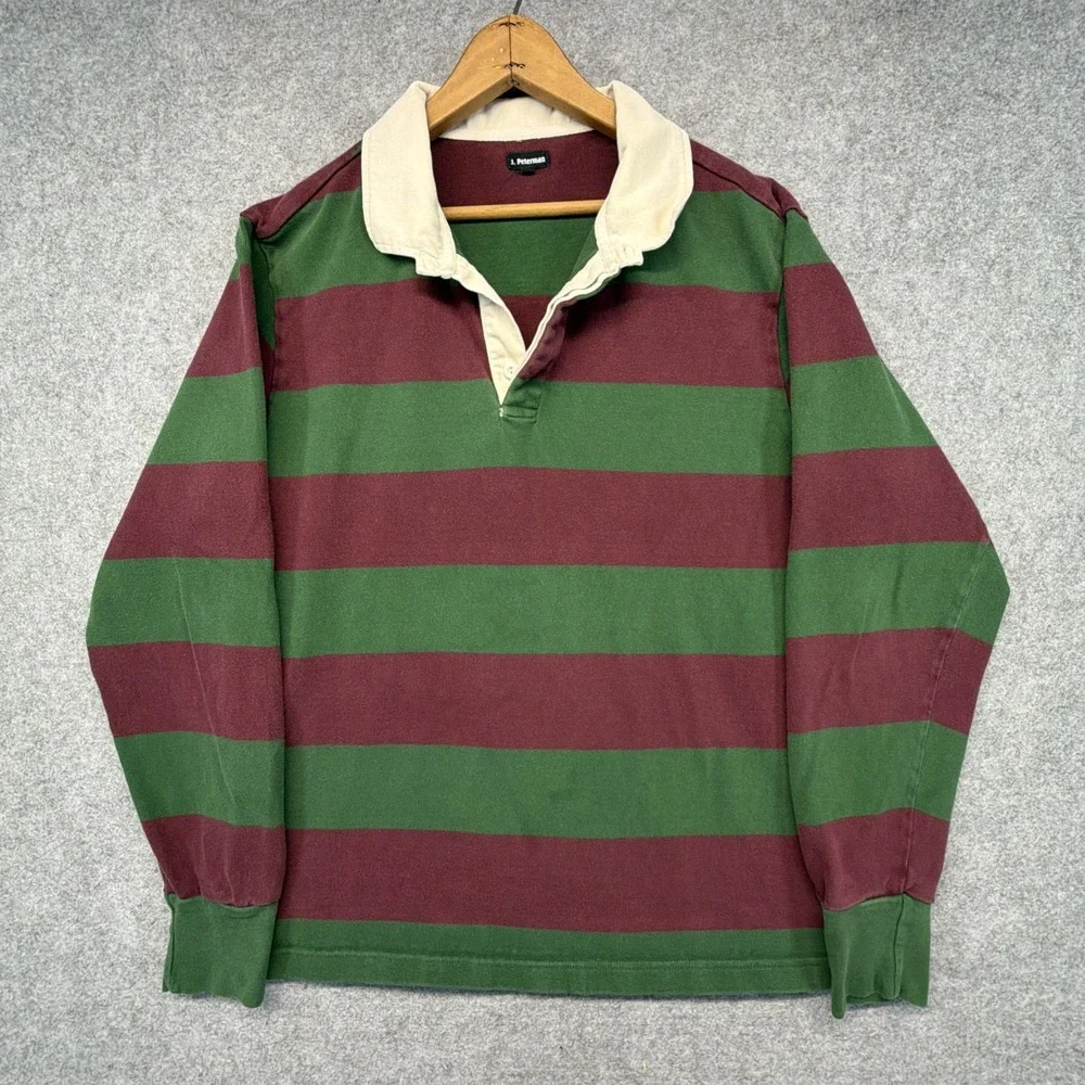 J. Peterman Mens Xl Green Maroon Striped Long Sleeve Rugby Shirt